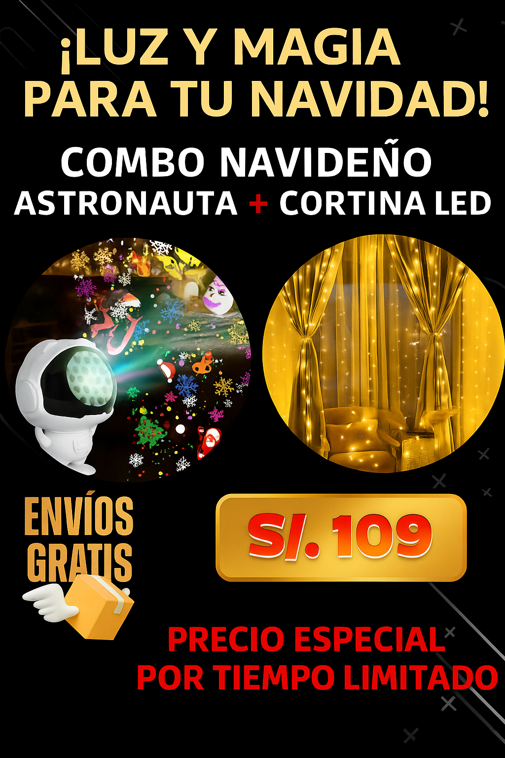 COMBO NAVIDEÑO ASTRONAUTA +CORTINA LED